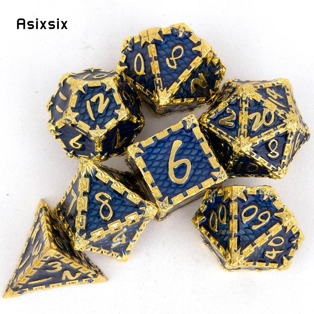 7 Pcs Blue Golden Fish Scale Metal Dice Solid Metal Polyhedral Dice Set Suitable for Role-Playing RPG  Board Game Card Game