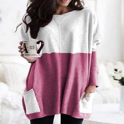 Women Fashion Color Matching Long Sleeve Casual Comfortable Pocket T-shirt Top