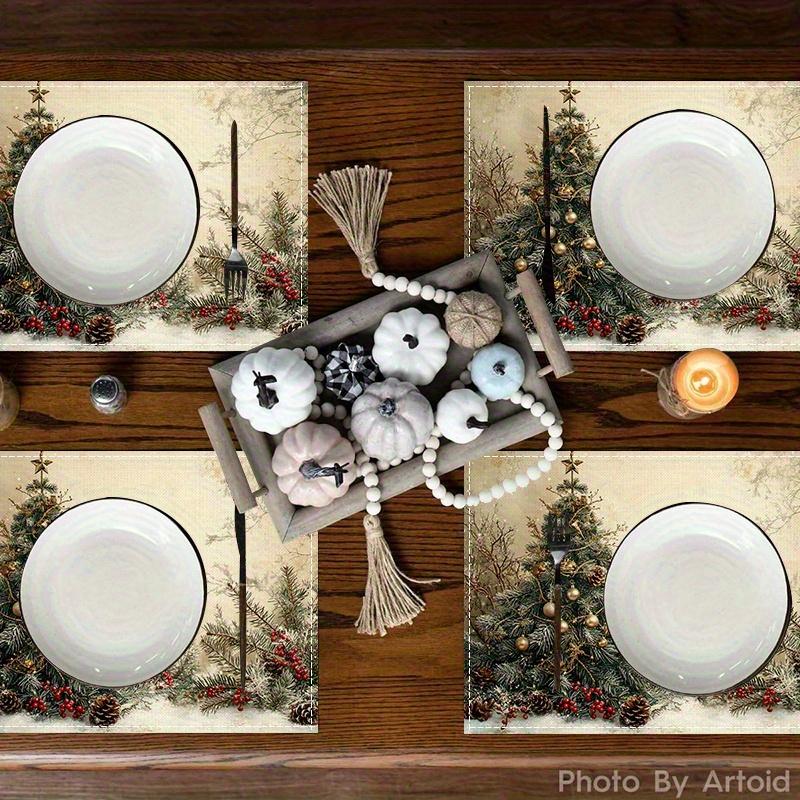 4pcs Linen Placemats, Christmas Tree Decorative Table Mats Set 12x18 Inches, Suitable for Home Kitchen Dining Tables, Holiday Party Decorations, and