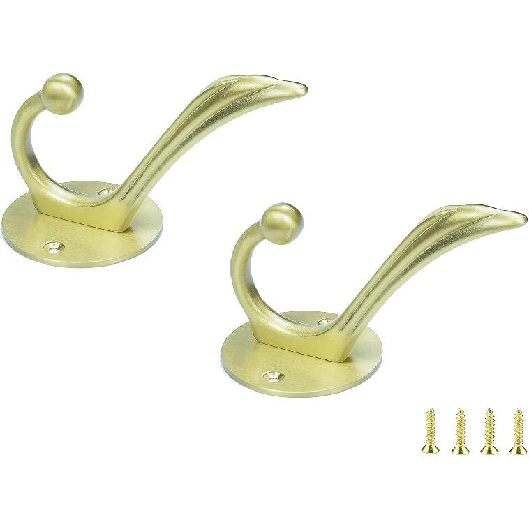 2 Pack Traditional Gold Brass Heavy Duty Coat Hooks for Cubicle Bathroom Kitchen Closet Garage