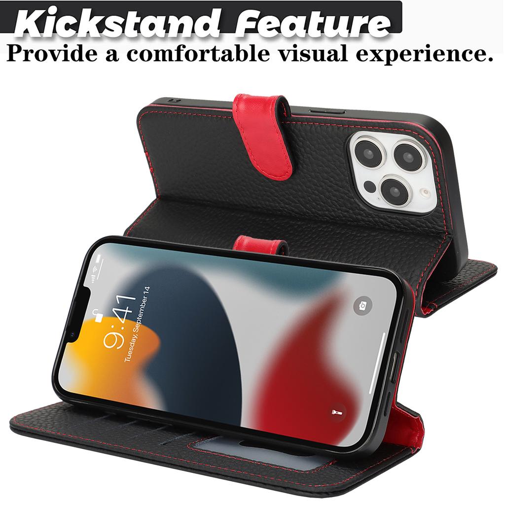 For iPhone 13 Pro Stand Case Litchi Texture Genuine Cow Leather Wallet Phone Cover RFID Blocking