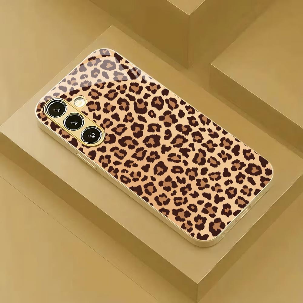 Leopard Print Metallic Paint Glass Phone Case Suitable for Samsung Galaxy S26 S25 S24 S22 S21 S20 FE/Ultra/Plus Anti Drop