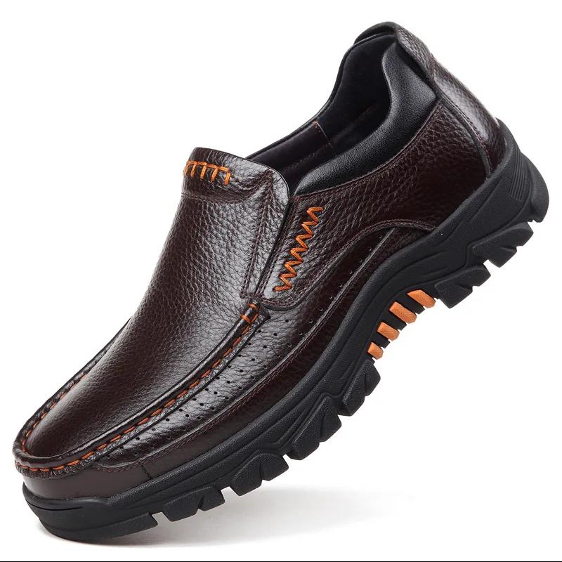 Fashion 100% Genuine Leather Shoes Men Loafers Soft Cowhide Mens Casual Shoes Brand Male Footwear Black Brown Slip-on Thick Sole