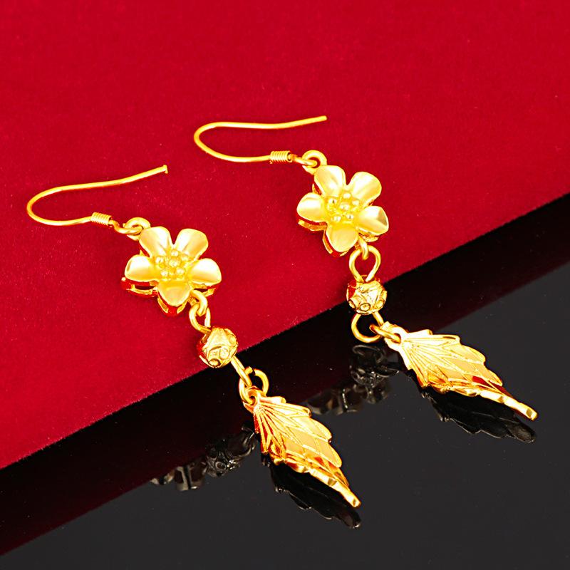 

100% Pure Gold 24k Earrings female 24k retro bride fashion rose tassel earrings