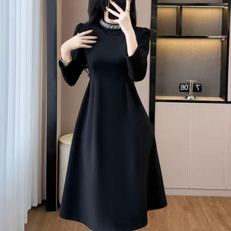 

Fashion Hepburn, black new slim skirt large size long sleeve waist simple slim temperament dress S 42.5-47.5kg