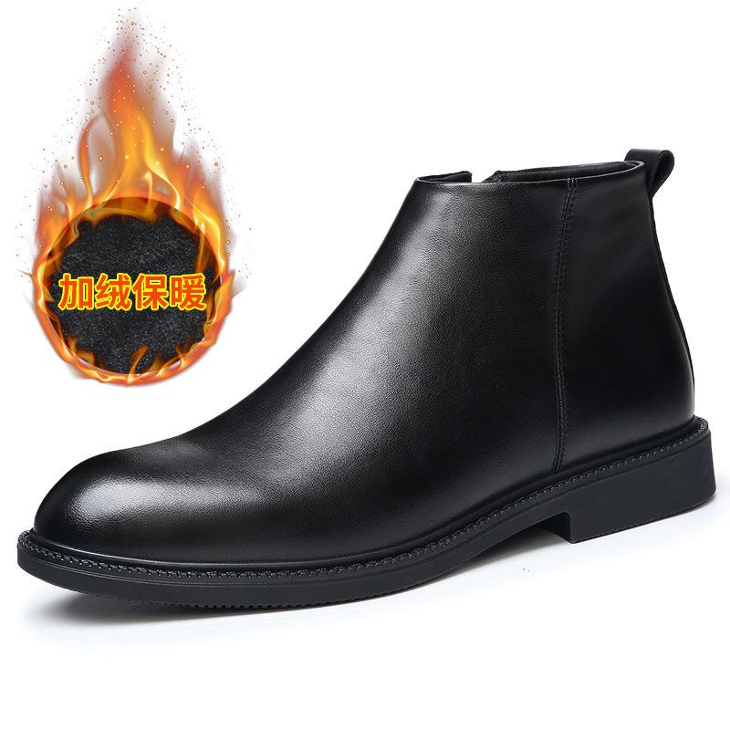 Chelsea boots men's autumn and winter leather velvet short boots British style high-top trendy versatile warm leather boots