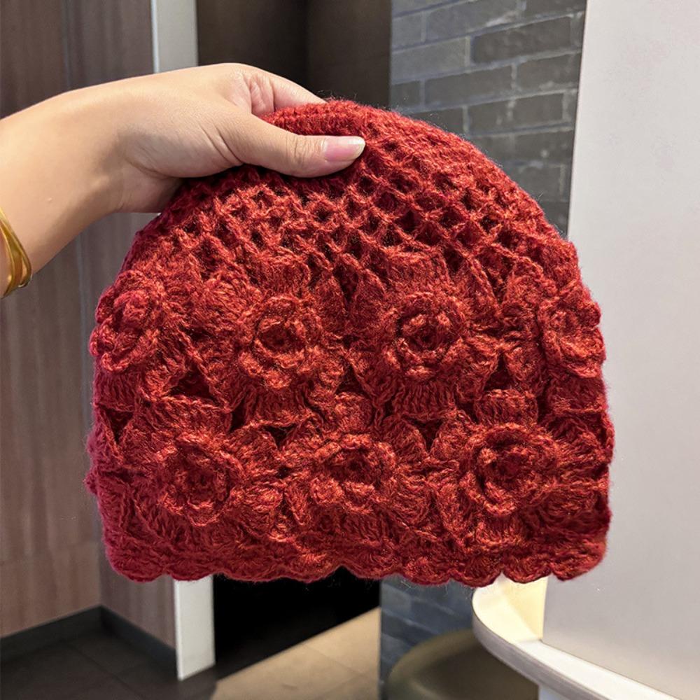 Double Layer Handmade Knitted Hat Hollow Flower Pullover Hat Yarn Winter Hat Spring Autumn Winter