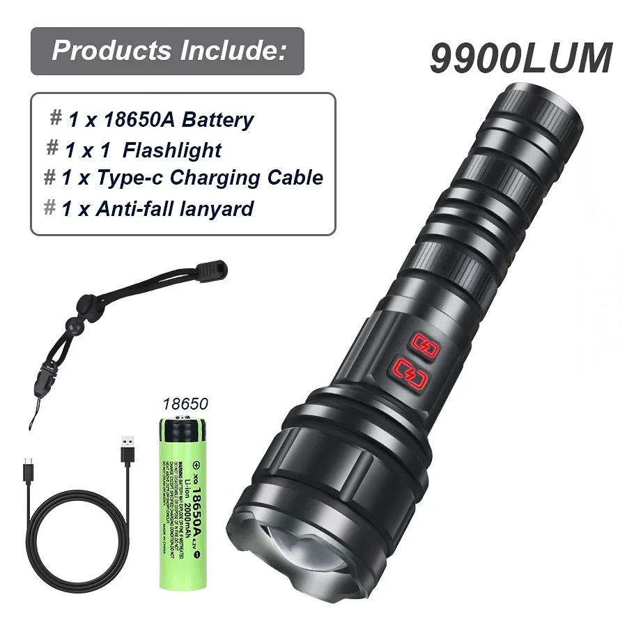 Powerful 9000LM Led Flashlight USB Rechargeable Zoom Tactical Torch Ultra Bright Outdoor Camping Fishing Hunting Emergency Lamp