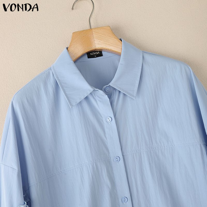 VONDA Women Casual Round Neck Ruffled Long Sleeve Solid Color Baggy Blouse