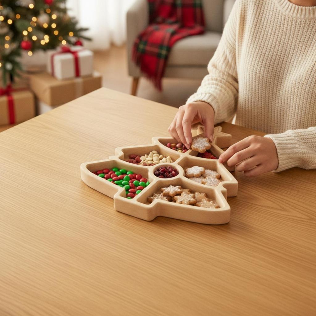Wooden Christmas Divided Tray Wood Finish Holiday Snack with Raised Edges Festive