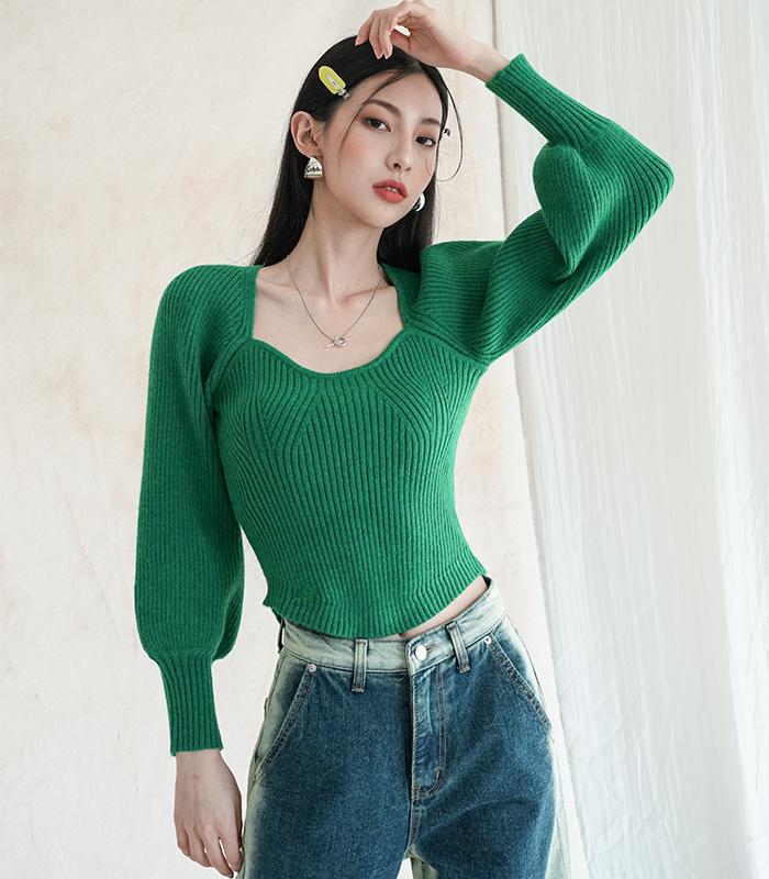 AVANDRESS Square Neck Balloon Knitwear Green