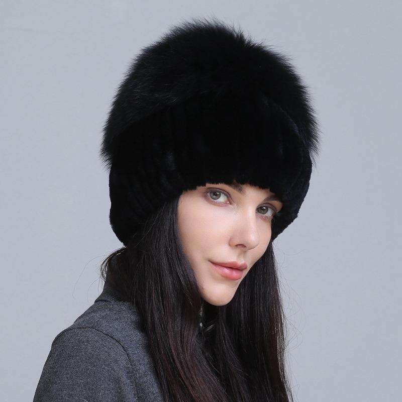 New fur hat Rex rabbit hat thickened versatile fox hair mushroom hat women's winter warm hat