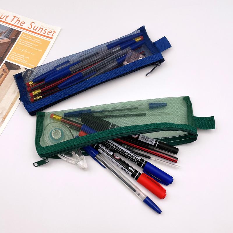 Retro Color Transparent Mesh Pencil Case - Portable Stationery & Makeup Bag for Students
