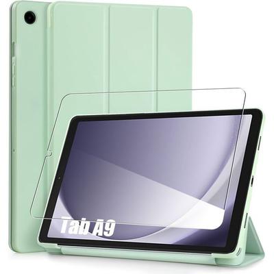 Hülle + Gehärtetes Glas - E.F.Connection - für Samsung Galaxy Tab A9 - Stoßfest - Faltbarer Ständer - Grün