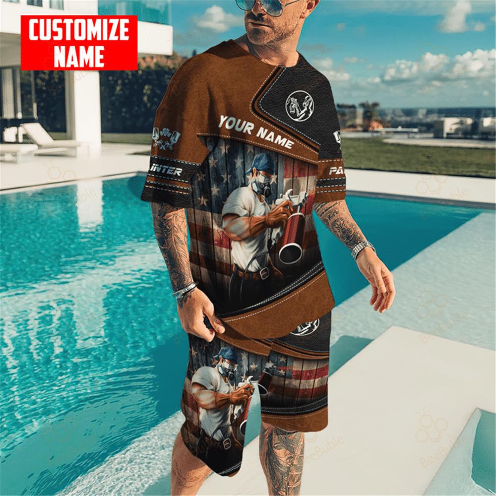

Men s T-shirt set 3D printing trendy digital printing T-shirt fashionable casual two-piece set 6XL
