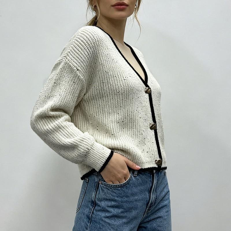 Womens Color Dotted Knit Cardigan Long Sleeve Round Neck Gold Buttons Casual Street Style