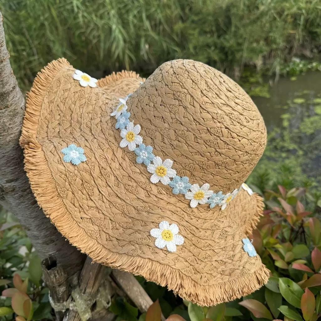 Lace Bow Straw Hat Women's Summer French Large Brim Sunscreen Hat Seaside Beach Vacation Sun Hat