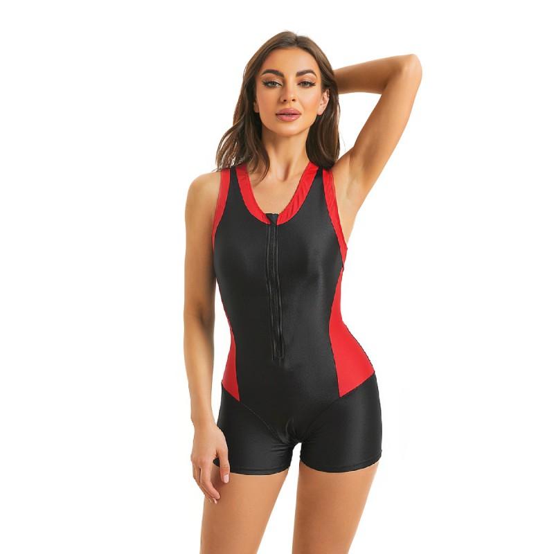 Damen Einteiler Sport Badeanzug Mit Reißverschluss Vorne Color-Block Design Hoher Bund Kompressionspassform Schwimmtraining