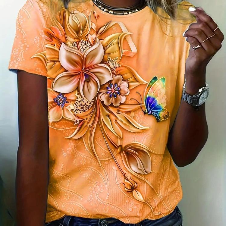 

Oversized T Shirt Women Butterfly Flower Printed Short Sleeve Tee Popular Blouse Clothing L