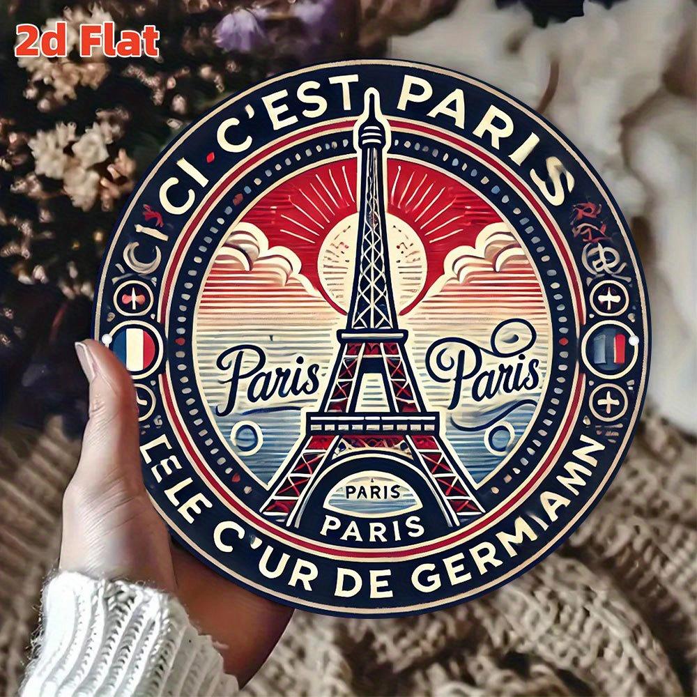 D Flat Paris Eiffel Tower Badge Wall Art French Romanticism Theme with Cest Paris Je taime Design Aluminum Sign 20x20cm(8x8inch)