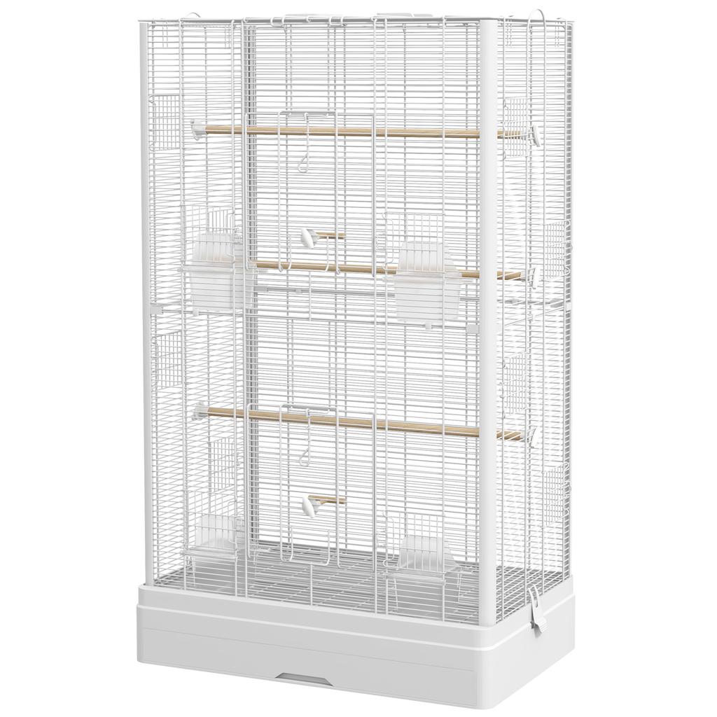 Bird Cage with Removable Tray and Perches, Parrot Aviary, 61x36.5x98 cm, White