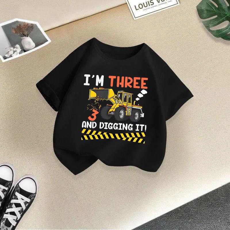 2025 Children Cute Excavator T-Shirt Combination Cartoons Bulldozer Tee Shirts Kawaii Kid Casual Clothes Girl Boy Harajuku Tops