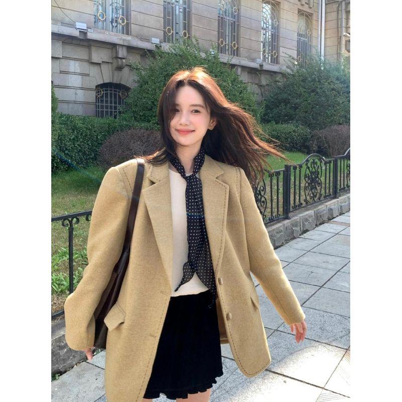 

Kumikumi Высокий класс Твердый темперамент Лацкан Блейзеры с длинным рукавом Женские Осенние Свободные Универсальные Шикарный Топ Khaki Suit S