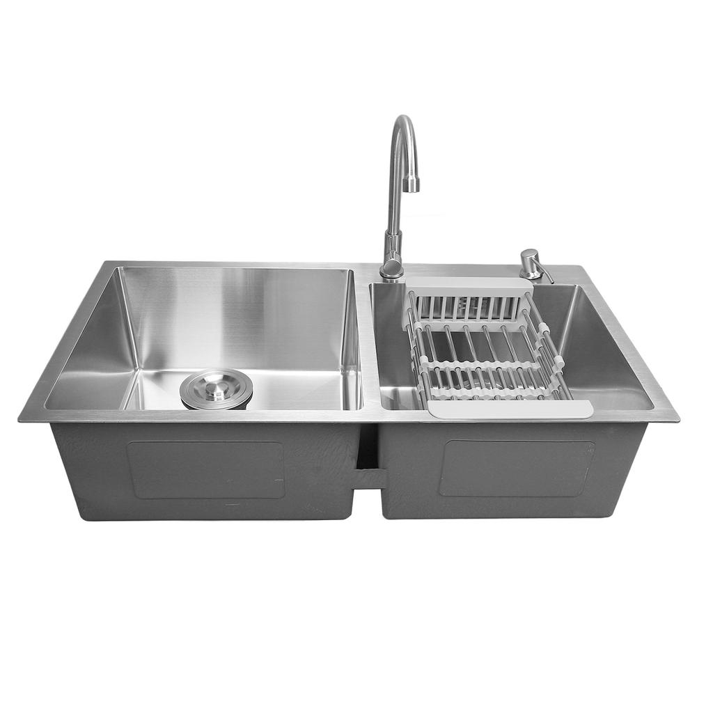 Doppelspüle für die Küche, professionelle, moderne und stilvolle Küchenspüle aus Edelstahl mit Wasserhahn und So