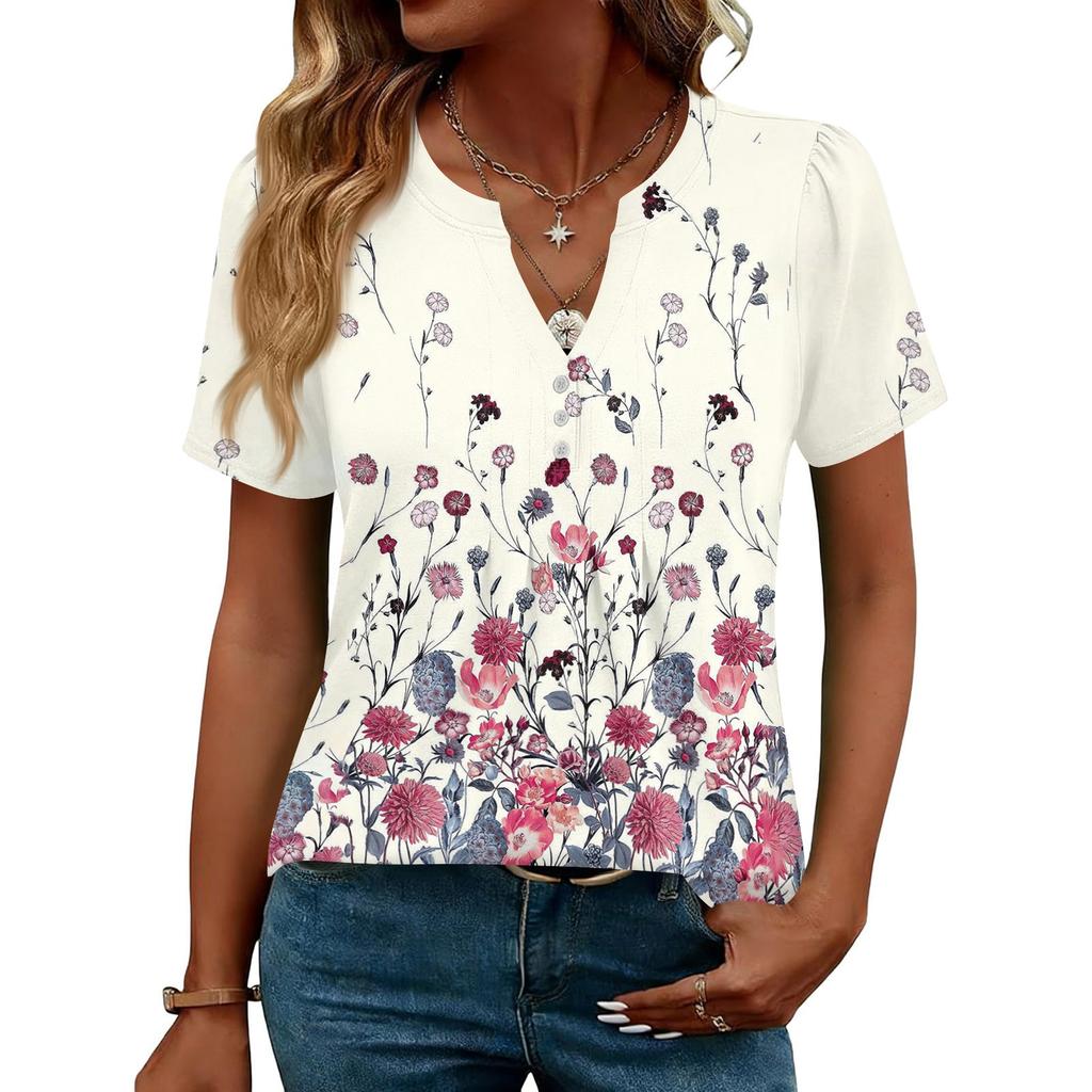 Damen Oberteile Festlich Lässig V-Ausschnitt Kurzarm Hemden Plissierte Blusen Knopfleiste Tunika