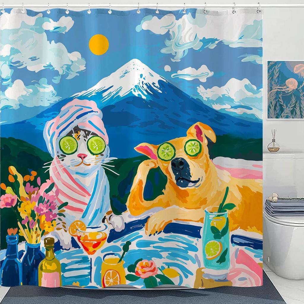 Adorable Cats Shower Curtain Set Cozy Plant Pot Design Waterproof Bathroom Shower Curtain Cute Feline Group Print Charming Home