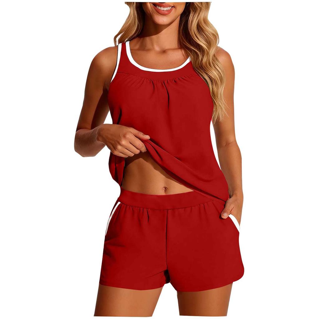 Women Solid Color Quick Dry High Elastic Slimming Split Tankini Swimsuit