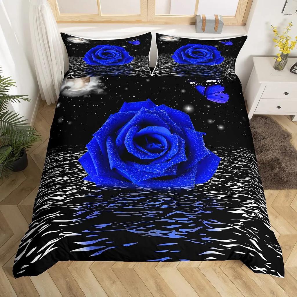 Rose Soft Duvet Cover Set, Rose From Blue Flame Print,Valentine's Day Soft Duvet Cover Set, Warm Comforter Cover Floral Beding Set,Pilowcase