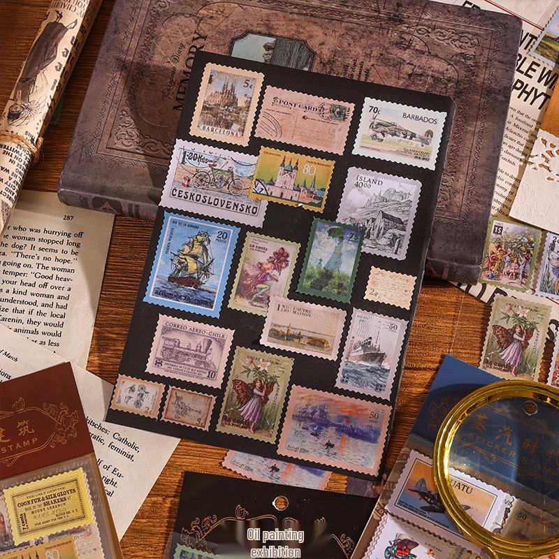 Vintage Literarische Zeitschriften & Postkarten Aufkleber: Amerikanische Briefmarken, Ölgemälde, Architektur des Dampfzeitalters