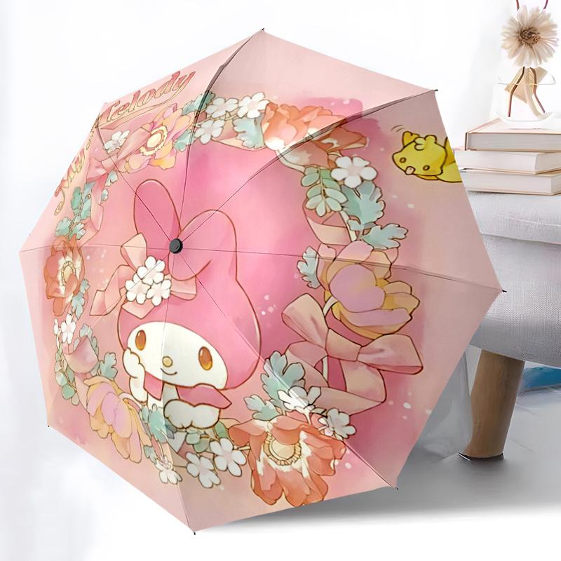 1pc My Melody Floral Wreath Automatic Folding Umbrella - Portable 3-Fold Design with Iron Frame, Perfect for Outdoor Use, Festive Gifts, Travel, Daily