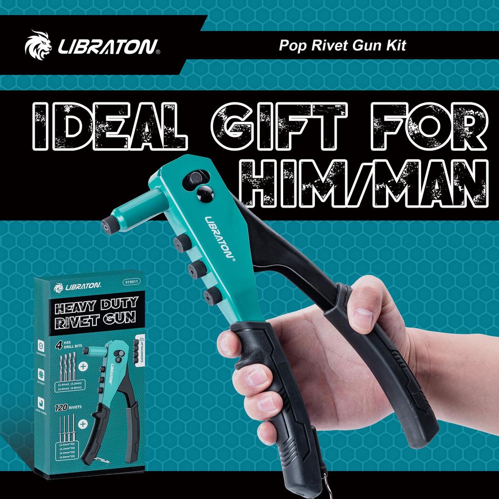 LIBRATON Hand Riveter Includes 120 Blind 4 Drill and 4 Toolless Nose Riveting Tool Set Set, Rivets, Bits, Pieces,