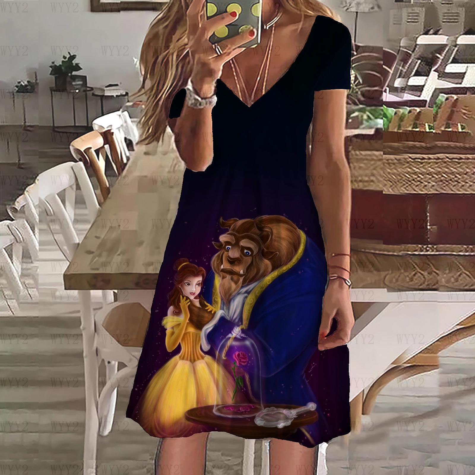 

Новое платье Disney Beauty and the Beast Print Летнее женское платье с V-образным вырезом и коротким рукавом Женская одежда Повседневный уличный стиль M