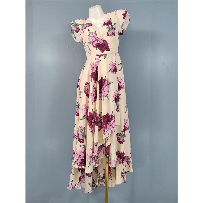 

Export Single Lu Home Tea Khaki Salt Vacation Style Exquisite Print Asymmetrical Flying Sleeves Dress Hainan Sanya Skirt Pink Purple Flower S
