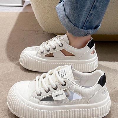 Sommar Nya Muffin Kex Mjuk Botten Damskor Student Mode Utskurna Snörade Rund Tå Fritid Vita Skor för Kvinnor