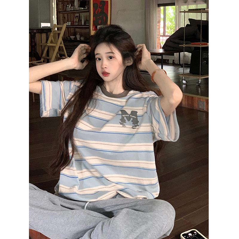 Cloud Color Short-sleeved T-shirt Women Summer Printing Loose Color Collision O-neck Versatile Tees Korean Women