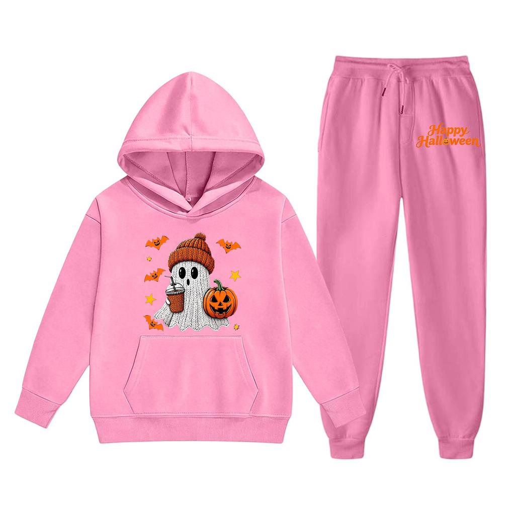 Kids Halloween Hoodie Set Ghost Pumpkin Print Long Sleeve Pullover Sweatshirt with Hood and Matching Pants Casual Outfit for Boys and Girls