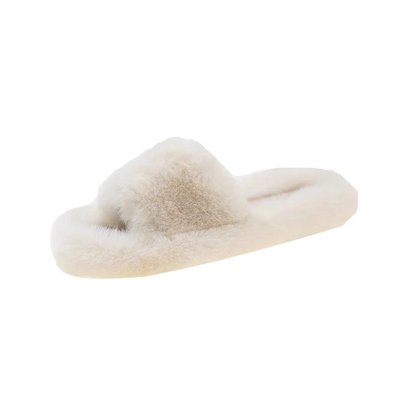 Pantoufles en fourrure épaisse à la mode, pantoufles en fourrure double, chaussures décontractées en coton pour la maison, pantoufles plates en peluche à bretelles croisées pour femmes