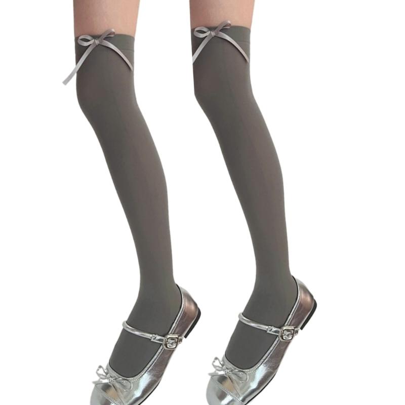 Ballett Elegante Samt Over-the-Calf Lange Socken für Damen Mädchen Süße Band Schleife Einfarbig Oberschenkelhohe Strümpfe