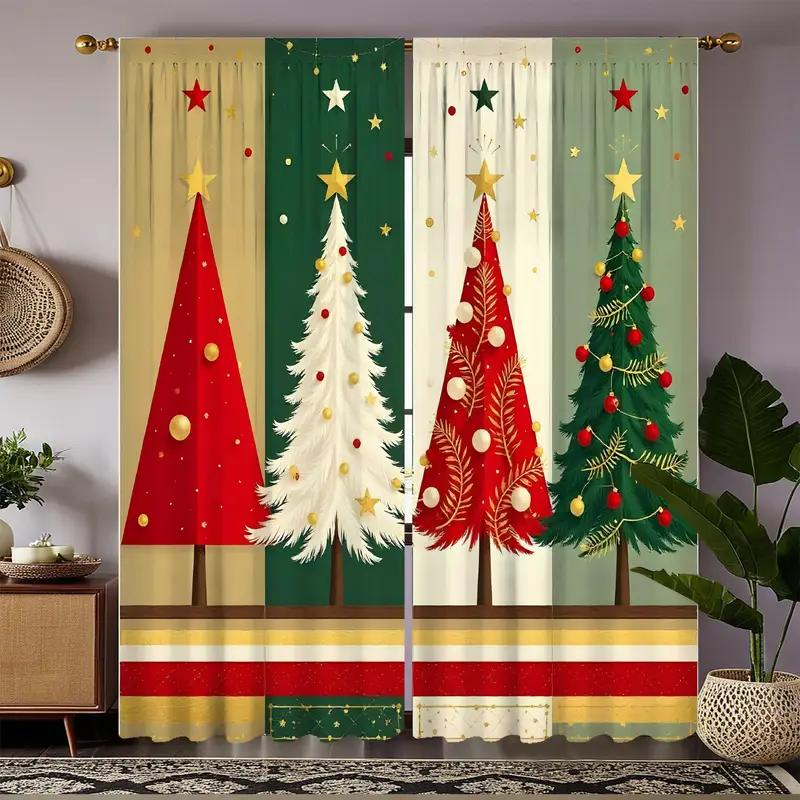 2pcs  Colorful Christmas Tree Pattern Curtains   Vibrant Design Light - Filtering Polyester Curtains for Christmas Home Windows