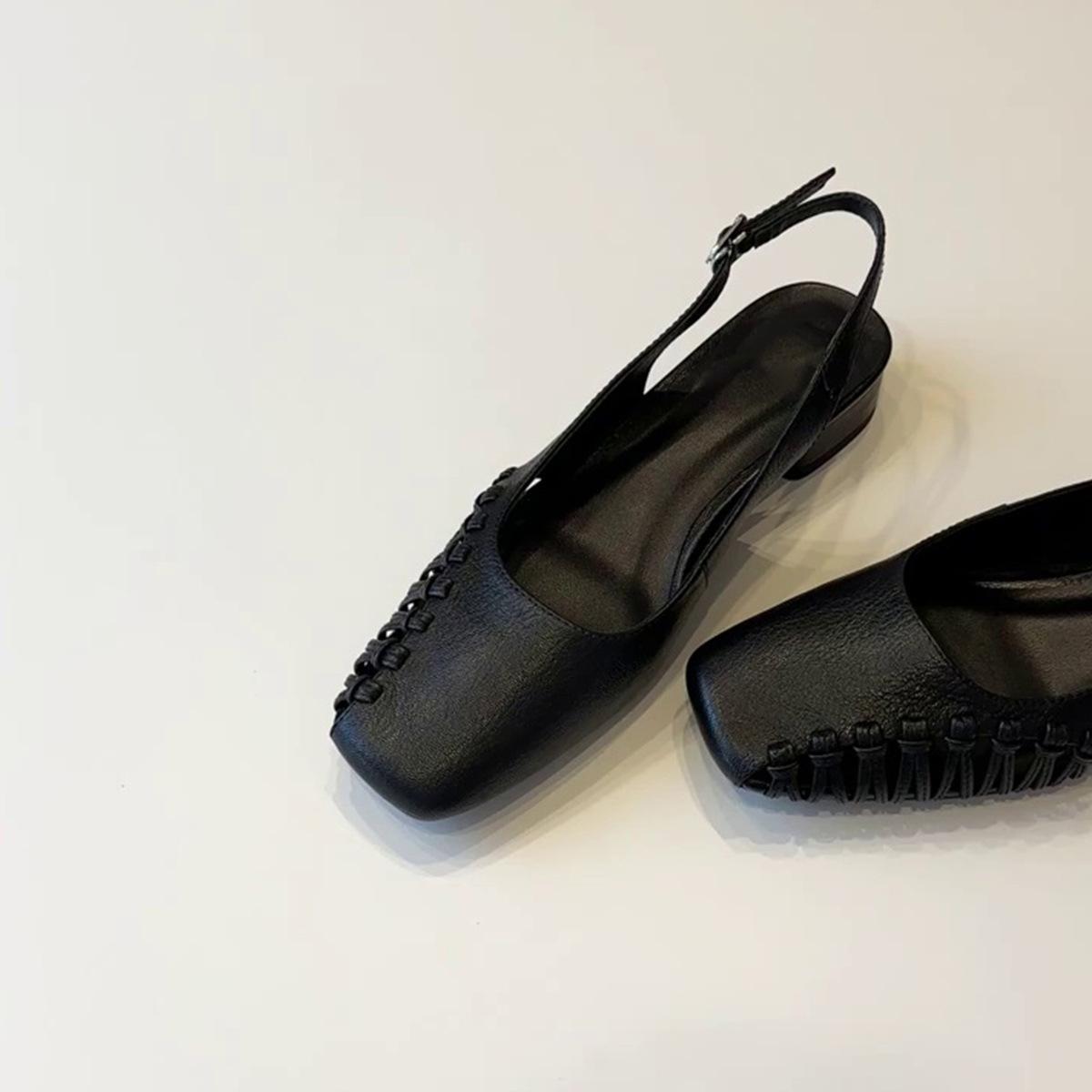 

Sheepskin version~ retro style square head woven hollow design feeling bag head sandals women s commuting soft sole back strap sandals 35 чёрный