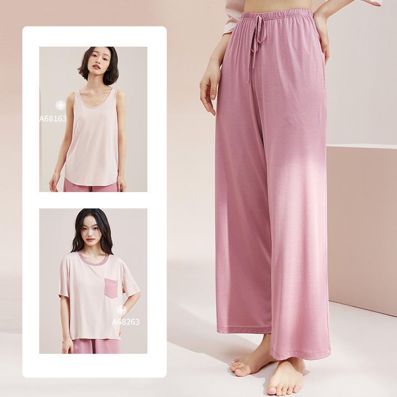 Damskie letnie modalne luźne spodnie piżamowe z szerokimi nogawkami - Oddychające i przyjazne do noszenia na zewnątrz spodnie domowe z lodowego jedwabiu.