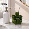 Small Bathroom Organizer Toothbrush Holder, Green Bamboo Shape, 6 Slot Storage Rack Organizer, for Countertop Razors And Makeup Brush Family