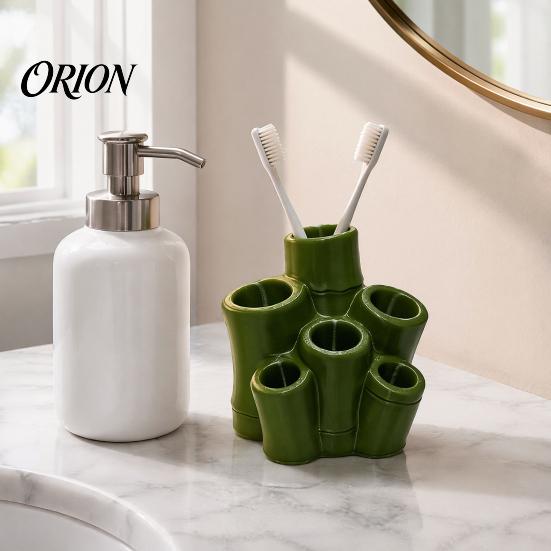 Small Bathroom Organizer Toothbrush Holder, Green Bamboo Shape, 6 Slot Storage Rack Organizer, for Countertop Razors And Makeup Brush Family