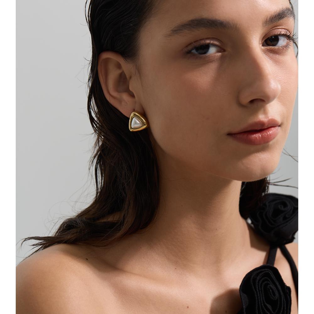 Yhpup 2025 Stainless Steel Imitation Pearls Triangle Stud Earrings Arrivals Elegance Chic Korean Trendy Exquisite Jewelry Women