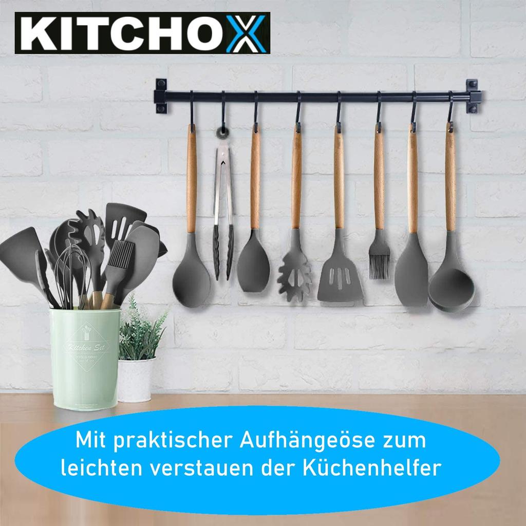 KITCHOX Kitchen Utensils Set Wooden Silicone Cooking Cutlery Spoon Helper [12 Pieces]