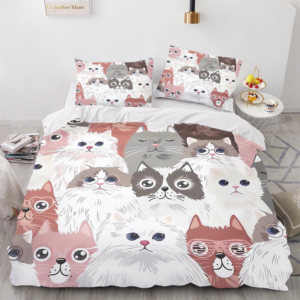 Cat, Animal Bedding Set black Anime 100% Polyester Duvet Cover Set Printed Cartoon Home Decor